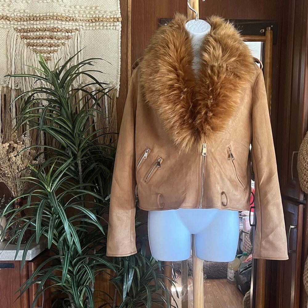 Faux Suede Fur Collar Moto Jacket Cropped Tan Biker Coat Womens L Glam Statement